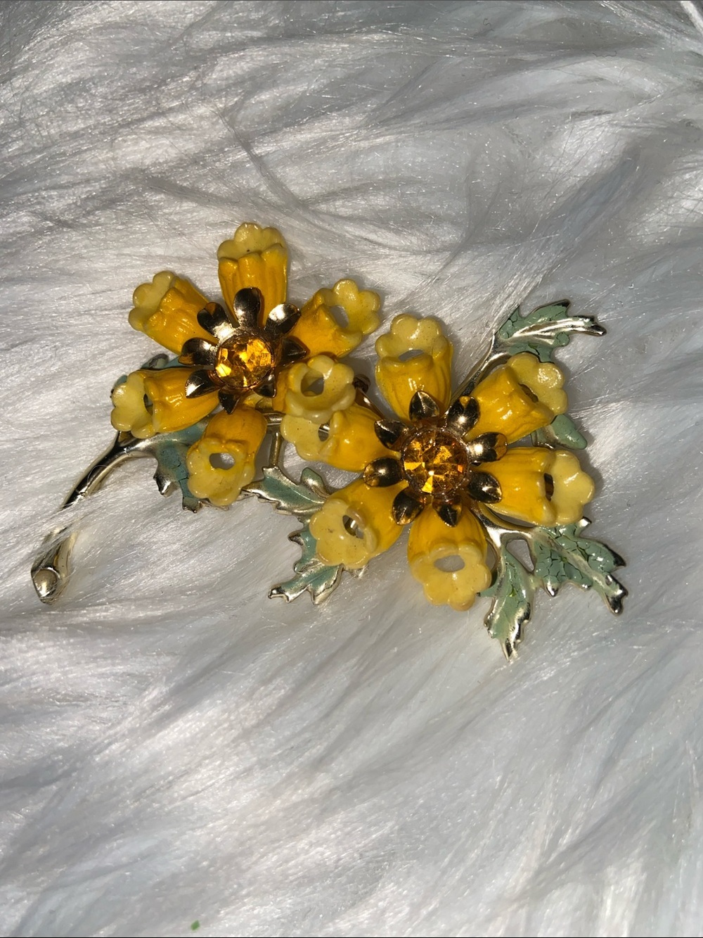 Vintage Butter Yellow Floral Crystal Statement Brooch